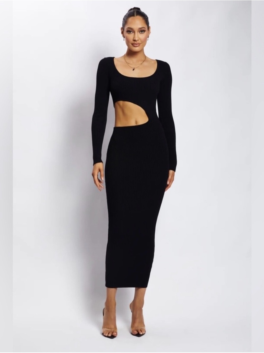 Meshki Black Ribbed Gaia Cut Out Asymmetrical Knitted Midi Long sleeve Large